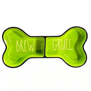NEW Rae Dunn -BREW & GRUEL  - Glazed Ceramic Dual Pet Bowl/DISH 💚🖤
